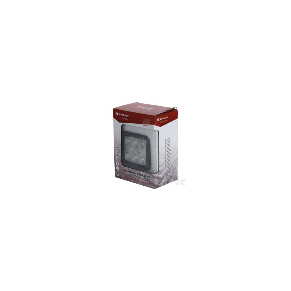 Kramp LA10088 Phare de travail LED carré blanc 24W 1920lm, 10/30V, 105x84x95mm faisceau large prise Deutsch 8 LED Kramp